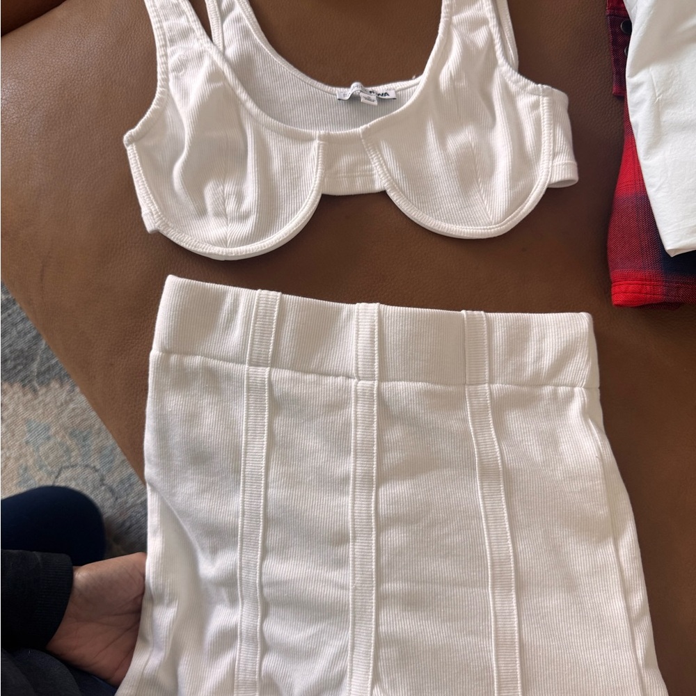 Fashion Nova Ivory Ribbed Top and Skirt Set